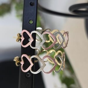 Gold Tricolor Open Heart Link Hoop Earrings